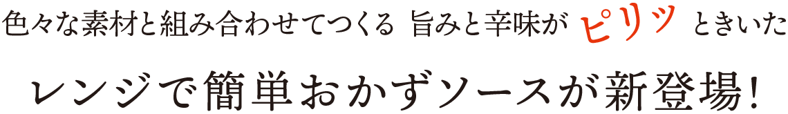 色々な素材と組み合わせてつくる旨みと辛味がピリッときいたレンジで簡単おかずソースが新登場!