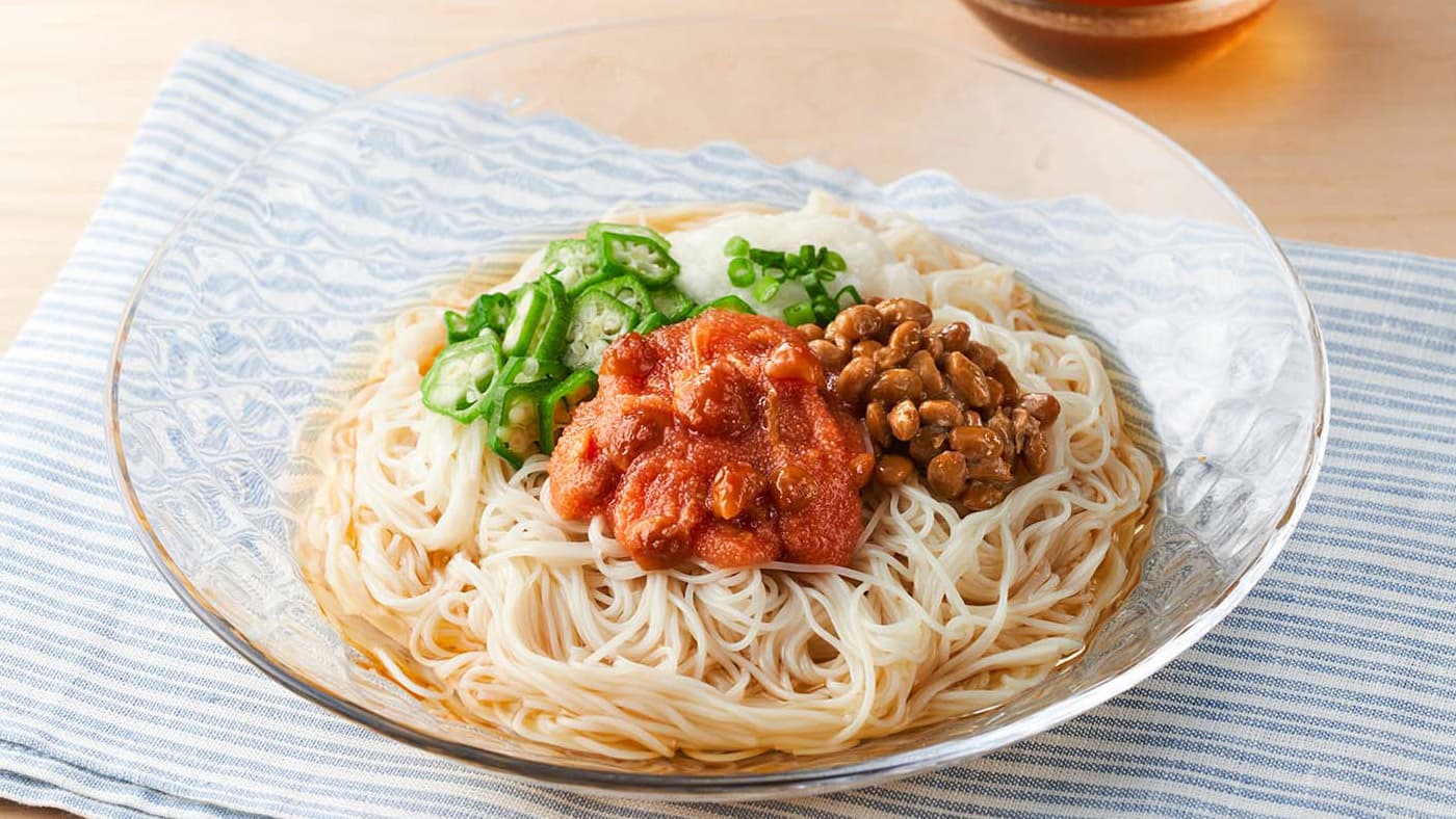 なめこ明太子と納豆のぶっかけ風ヘルシーそうめん