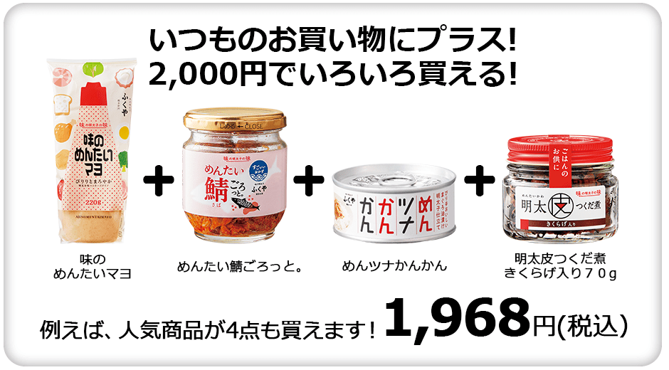 いつものお買い物にプラス!2,000円でいろいろ買える!例えば、人気商品が4点も買えます！1,955円(税込）